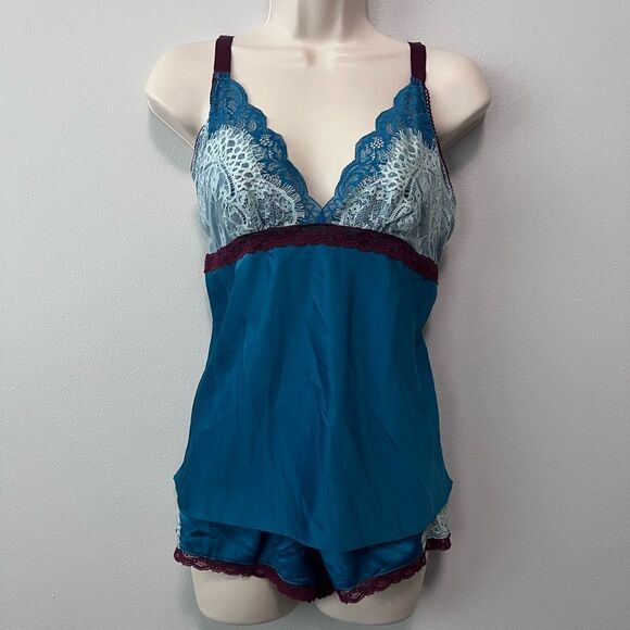 In Bloom by Jonquill Teal 2-Piece Satin/Lace Cami Short Set Size S/M - Picture 1 of 8